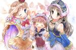  :d ;d ^_^ atelier_(series) atelier_meruru atelier_rorona atelier_totori bare_shoulders blue_eyes blush bow brown_eyes brown_hair cape closed_eyes detached_sleeves dress eyes_closed hand_holding hat holding_hands long_hair merurulince_rede_arls mini_crown multiple_girls open_mouth red_hair redhead rororina_fryxell salute scarlet_(studioscr) silver_hair smile totooria_helmold wink yellow_dress 