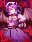  bat_wings blue_hair cup dress fang grin hat kaiza_(rider000) red_eyes remilia_scarlet saucer short_hair smile solo teacup touhou window wings wink 
