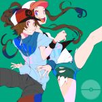  bad_id baseball_cap blue_eyes brown_hair denim denim_shorts hat jacket locked_arms pokemon pokemon_(game) pokemon_black_and_white pokemon_bw ponytail shorts touko_(pokemon) touya_(pokemon) vest 