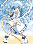  blue_eyes blue_hair dress hat hose ikamusume shinryaku!_ikamusume tentacle_hair water wink yoshinen 