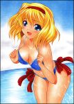  alice_margatroid bikini blonde_hair blue_eyes breasts cleavage hairband leaning_forward ocean short_hair smile solo splash splashing swimsuit touhou traditional_media yadokari_genpachirou 