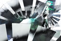  abstract alternate_hair_color green_eyes green_hair hair_ornament hairclip highres kagamine_rin kazune_(baumkuchen) looking_down shorts smirk solo thigh-highs thighhighs vocaloid zettai_ryouiki 