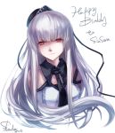  bangs bare_shoulders birthday blunt_bangs detached_collar english garrison_cap happy_birthday hat hat_ribbon looking_at_viewer necktie pixiv_fantasia pixiv_fantasia_5 red_eyes ribbon shaded_face silver_hair skade sleeveless smile solo 