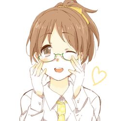  brown_eyes brown_hair dress_shirt glasses hirasawa_ui k-on! karuha lowres necktie ponytail shirt short_hair wink 