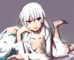  barefoot blue_hair breasts chin_rest dress_shirt fujiwara_no_mokou kamishirasawa_keine long_hair lying multicolored_hair multiple_girls no_bra on_stomach open_clothes open_shirt shinoasa shirt sketch touhou two-tone_hair white_hair white_shirt 