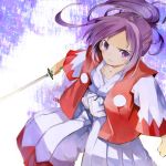  hakama japanese_clothes kataginu katana kimono meira ogawa_maiko ponytail purple_eyes purple_hair samurai sarashi solo sword touhou touhou_(pc-98) violet_eyes wavy_mouth weapon 