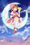  card_captor_sakura cardcaptor_sakura child crescent_moon dress fuuin_no_tsue gloves green_eyes hat highres kero kinomoto_sakura magical_girl moon short_hair sitting tippy 