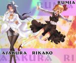  2girls asakura_rikako ascot bad_anatomy bare_legs blonde_hair breasts character_name cigarette cleavage dress glasses hair_ribbon long_hair mary_janes multiple_girls necktie open_mouth outstretched_arms pantyhose purple_hair ribbon rumia shoes short_hair skirt smile socks source_request spread_arms touhou touhou_(pc-98) vest wakanita white_legwear youkai 