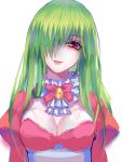  1girl :p alternate_costume bowtie breasts bust choker cleavage green_hair hair_over_one_eye kazami_yuuka kazami_yuuka_(pc-98) long_hair phantasy red_eyes solo tongue touhou touhou_(pc-98) white_background 