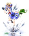  ? belt blue_eyes blue_hair bow cirno dress fleeing flower food frog hat hat_bow hat_flower ice ice_cream icicle kannazuki_hato lily_pad lock padlock popsicle short_hair solo touhou water wings ã¢â€˜â¨ â‘¨ 