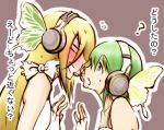 ? blush butterfly_wings fingerless_gloves gloves gumi headphones lily_(vocaloid) lowres magnet magnet_(vocaloid) microphone multiple_girls translated vocaloid wings y@n yuri 