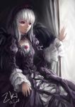  dress hairband highres long_hair purple_eyes rozen_maiden silver_hair solo suigintou tuzki violet_eyes wings 