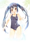  :d bare_shoulders black_hair blush brown_eyes ichi_makoto k-on! long_hair looking_at_viewer nakano_azusa navel one-piece_swimsuit open_mouth outstretched_hand school_swimsuit smile solo splash splashing swimsuit twintails wading water wet wet_clothes 