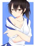  1girl atari_(ariq323) black_eyes black_hair blue_background blush breasts bust cleavage collarbone highres kaga_(kantai_collection) kantai_collection large_breasts looking_at_viewer off_shoulder short_sleeves side_ponytail simple_background solo undressing white_border 
