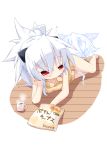  ahoge animal_ears bag bare_legs barefoot between_legs cat_ears chips coffee_mug eating ghost head_rest lying mouth_hold on_side original ponytail red_eyes reku shiroko_(reku) silver_hair solo sweater_dress 