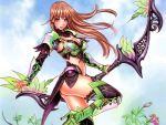  1girl ass boots bow_(weapon) breasts brown_hair cleavage flower green_eyes long_hair midriff weapon yamashita_shunya 