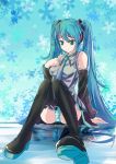  aqua_eyes aqua_hair boots detached_sleeves hand_on_own_chest hand_to_chest hatsune_miku jianren long_hair necktie panties pantyshot pantyshot_(sitting) pantyshot_sitting reflection reflective_floor sitting skirt solo striped striped_panties thigh-highs thigh_boots thighhighs twintails underwear very_long_hair vocaloid 