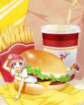  blue_eyes brown_hair cheese cup food french_fries girl_in_food hamburger in_food minigirl open_mouth original r/k smile straw visor visor_cap wristband 
