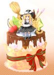  1girl absurdres blonde_hair blue_eyes bow braid broom cake cherry food fruit hair_bow hair_ribbon hat highres kirisame_marisa long_hair looking_at_viewer mame_(yangqi787) mary_janes open_mouth ribbon shoes single_braid sitting solo touhou witch_hat 