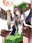  arm_cannon black_hair black_wings bow breasts cape chair hair_bow long_hair red_eyes reiuji_utsuho sitting solo sukocchi touhou weapon wings 