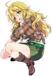  belt blonde_hair blush boots green_eyes highres hoshii_miki idolmaster knee_boots long_hair midori_kouichi miniskirt plaid skirt sleeves_folded_up squatting 