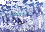  cable cityscape cloud fisheye floating_hair freely_tomorrow_(vocaloid) hatsune_miku hatsune_miku_(append) langjiao long_hair miku_append necktie sitting sky speaker thigh-highs thighhighs twintails very_long_hair vocaloid vocaloid_append 