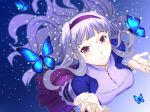  blurry breasts butterfly depth_of_field dress emanon123 hairband highres idolmaster large_breasts long_hair purple_eyes shijou_takane silver_hair solo violet_eyes 