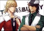  barnaby_brooks_jr blonde_hair brown_eyes brown_hair cabbie_hat crossed_arms facial_hair glasses glasses_removed green_eyes hat holding holding_glasses jacket jewelry kaburagi_t_kotetsu male multiple_boys necklace necktie red_jacket short_hair stubble tekla tiger_&amp;_bunny vest waistcoat 
