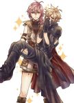  blonde_hair blue_eyes cape carrying cloud_strife embarrassed final_fantasy final_fantasy_vii final_fantasy_xiii fingerless_gloves gloves gyoden_maguro light_smile lightning_farron pink_hair princess_carry sparkle spiked_hair spiky_hair 