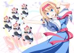  alice_margatroid apron arms_up black_dress blonde_hair blue_dress blue_eyes bow broom broom_riding capelet dancing dress hair_bow hairband hat jewelry kirisame_marisa long_hair necktie open_mouth ring sash shanghai_doll short_hair silhouette smile star touhou tri witch witch_hat 