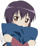  brown_eyes covering covering_face covering_mouth funami_yui looking_at_viewer pillow pillow_hug purple_hair school_uniform short_hair simple_background solo tsukkii white_background yuru_yuri 