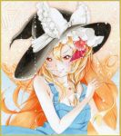  bad_id bare_shoulders berry_jou blonde_hair bow braid flower hair_flower hair_ornament hat hat_bow kirisame_marisa long_hair shikishi side_braid solo touhou traditional_media witch witch_hat 