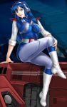 1girl arm_support belt blue_eyes blue_hair boots breasts choujikuu_kidan_southern_cross closed_mouth female folded_sleeves full_body gmp hangar headset highres lana_isavia lana_izavia long_hair mecha military military_uniform mp nova_satori oldschool robotech science_fiction sitting sleeves_rolled_up solo southern_cross the_super_dimension_cavalry_southern_cross toten_(artist) uniform vehicle