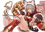  animal_ears bell boots bow cat_ears christmas claw_(weapon) detached_sleeves erun_(granblue_fantasy) fur_trim granblue_fantasy hood merry_christmas open_mouth santa_boots santa_costume sen_(granblue_fantasy) sitting skirt stole weapon yoo_(tabi_no_shiori) 