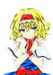  1girl alice_margatroid blonde_hair blue_eyes bust cape capelet hairband highres jewelry ring sash shingetsu_takehito string touhou wavy_hair wrist_cuffs 