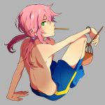  bad_id fan footwear green_eyes inazuma_eleven inazuma_eleven_(series) inazuma_eleven_go kirino_ranmaru long_hair looking_back male pants pink_hair shirtless shorts sitting socks 