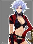  belt blue_eyes blue_hair breasts character_request choker cleavage copyright_request drawr gloves jacket large_breasts leaning lips midriff scar short_hair sword weapon 