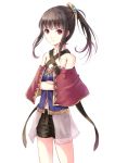  atelier_totori bad_id bare_shoulders brown_hair crossed_arms flat_chest frown mimi_houllier_von_schwarzlang minto_p payot ponytail red_eyes shorts simple_background solo 