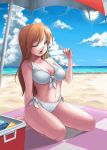  bikini blue_eyes breasts brown_hair cleavage cloel cooler front-tie_top highres long_hair navel original parasol popsicle seiza side-tie_bikini sitting sun swimsuit umbrella wariza wink 