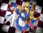  alice_(wonderland) alice_in_wonderland blonde_hair blue_eyes blush bow buttons checkered cream demon_girl dress error horns long_hair monster_girl monster_girl_encyclopedia pointy_ears ribbons rocknroll single_shoe slip_skirt smile succubus tail text thighhighs 