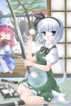  ? bloomers blue_eyes bowtie chibi cleaning disassembly dress_shirt eating fish ghost hairband highres hitodama jack_(slaintheva) japanese_clothes katana konpaku_youmu konpaku_youmu_(ghost) minigirl mouth_hold multiple_girls pink_hair saigyouji_yuyuko senbei shirt short_hair silver_hair sitting skirt sword tatami touhou tree triangular_headpiece vest weapon yokozuwari ||_|| 