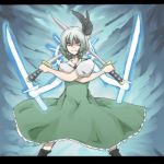  dress green_dress hairband katana konpaku_youmu konpaku_youmu_(ghost) kotobuki0t lowres quadruple_wielding silver_hair sword touhou weapon 