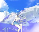  2ma airplane arm_support black_hair blue cloud from_below j2m midriff military mitsubishi_j2m original school_uniform serafuku sitting sky solo takeshima_satoshi 