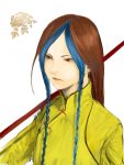  blue_hair braid brown_hair bust chevion china_dress chinese_clothes crossdressinging flower king_of_fighters long_hair male multicolored_hair realistic red_eyes rose shion_(kof) simple_background snk trap twin_braids two-tone_hair 
