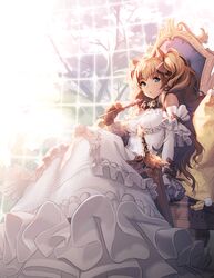  bare_shoulders blonde_hair blue_eyes bow candy detached_sleeves dress frills gathers hair_bow hair_ribbon isfeldt isfelt kkuem lollipop ribbon single_glove sitting solo sunlight swirl_lollipop sword sword_girls throne tree twintails weapon white_dress 