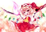  ascot blonde_hair cicin dress fang fire flandre_scarlet hat open_mouth pink_fire pyrokinesis red_eyes short_hair side_ponytail smile solo the_embodiment_of_scarlet_devil touhou wings wrist_cuffs 