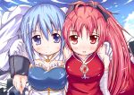  bare_shoulders blue_eyes blue_hair breasts cape fang gloves hair_ribbon long_hair mad_(hazukiken) magical_girl mahou_shoujo_madoka_magica miki_sayaka multiple_girls ponytail red_eyes red_hair redhead ribbon sakura_kyouko short_hair smile 