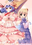  absurdres alternate_hairstyle asou_natsume black_eyes blonde_hair blush breasts cosplay dress frills hands_on_hips hat highres looking_at_viewer mini_top_hat moriya_suwako multiple_girls purple_hair pyonta red_eyes remilia_scarlet remilia_scarlet_(cosplay) short_hair smile top_hat touhou umbrella yakumo_yukari yakumo_yukari_(cosplay) yasaka_kanako 