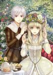  1girl blonde_hair couple cup dress elisabeth_von_wettin flower head_wreath libert long_hair marchen marz_von_ludowing nature ponytail red_eyes saucer silver_hair smile sound_horizon teacup teapot tree yellow_eyes 