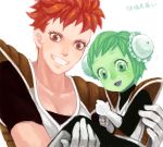  acha armor blush bridal_carry brown_eyes bun_cover carrying child double_bun dragon_ball dragon_ball_z dragonball_z drawr genderswap ginyu_force gloves green_eyes green_hair green_skin grin guldo multiple_girls open_mouth recoome red_hair redhead short_hair size_difference smile translated 